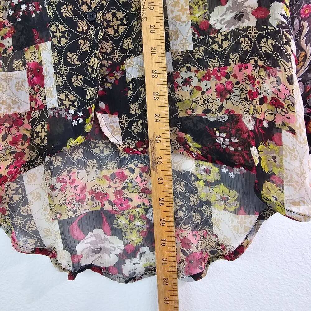 Band of Gypsies Womens Sz XS Sheer Floral Roll Tab Sleeve Blouse Casual Boho Top - Picture 6 of 12